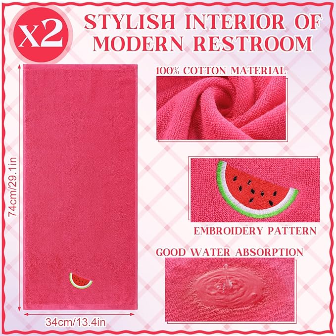 2 Pcs Watermelon Hand Towels Bright Pink Bathroom Decor 14x29 Inch Embroidered - Image 3