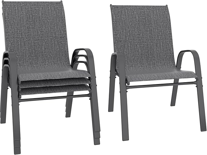 Betterhood Patio Chairs Set of 4, Stackable Outdoor Dining Chairs Set with Breathable Seat Fabric, All-Weather Powder-Coated Metal Frame for Deck, Pool Side and Backyard, 350LBS Capacity (Grey) by Betterhood