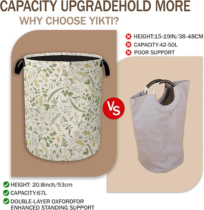Green Herb Leaves Laundry Hamper, Rustic Wildflower Collapsible Laundry Baskets - Image 3