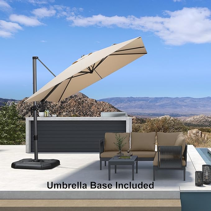 PURPLE LEAF 8.8' X 8.8' Right-left Tilt Patio Umbrella with Base Outdoor Cantilever Swivel Square Umbrella with Tilt Aluminum Offset Umbrella with 360-degree Rotation for Garden Deck Pool Patio Beige - Image 2