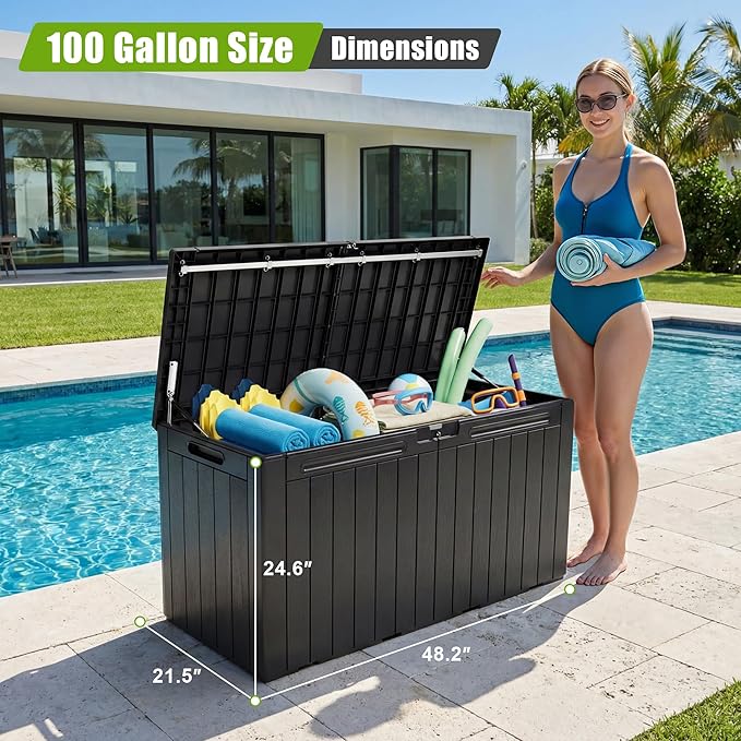 Flamaker Resin Deck Box 100 Gallon Large Lockable Outdoor Storage Box Waterproof for Patio Cushions, Tools, Pool Accessories (Black) - Image 2