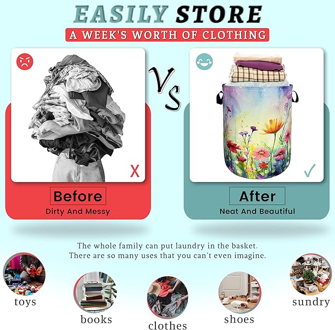 Watercolor Flowers Laundry Basket Wildflower Foldable Funny Laundry Hamper - Image 3