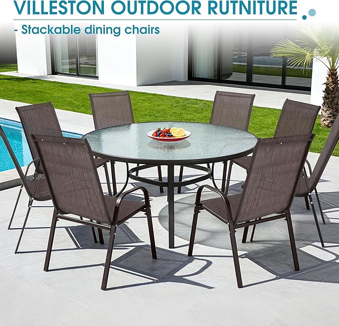 Outdoor Stackable Chairs Set of 8, Stacking Patio Chairs with Textilene Fabric, Outside Furniture for Garden Backyard Balconie Poolside Deck, Brown - Image 7