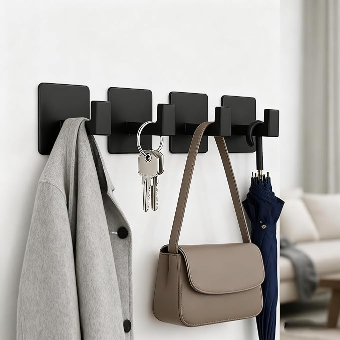 RUIGPRO Towel Hooks Adhesive No Drill, 2 Pack Matte Black Metal Hooks, Right - Image 2