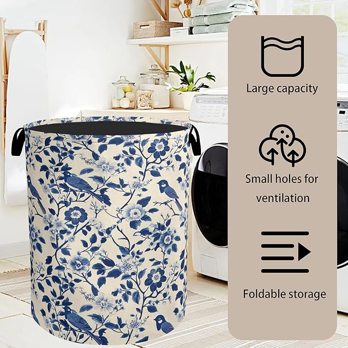 Navy Blue Beige Birds Laundry Basket - Image 7