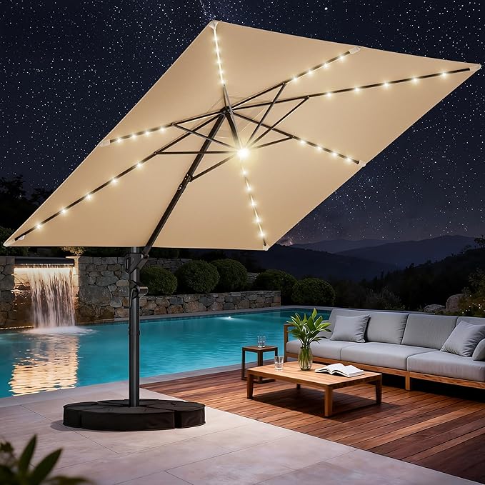 HOMSHADE 10 ft Square Cantilever Patio Umbrella with Base Included, Solar Lights Large Umbrella Outdoor Patio with 360°Rotation&Tilting, LED Lighted Offset Umbrellas w/Stand for Pool Deck by HOMSHADE