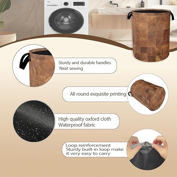 Wood Texture Pattern Laundry Basket, Rustic Farmhouse Clothes Hamper, Oxford - Image 5