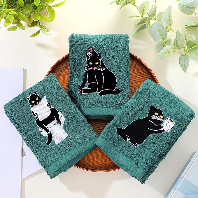 3 Pcs Cat Hand Towels for Bathroom Decor Funny Embroidered Black Cat Halloween - Image 5