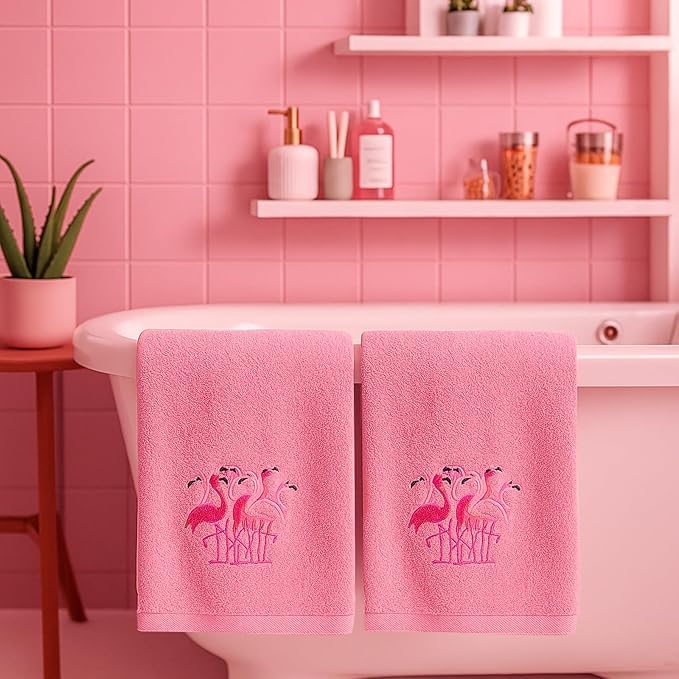 2 Pcs Flamingo Hand Towels Hot Pink Bathroom Decor 14x29 Inch Embroidered 100% - Image 5