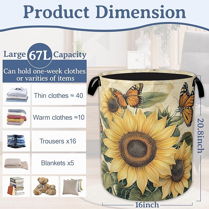 Vintage Sunflower Laundry Basket, Foldable Oxford Cloth Butterfly Laundry Hamper - Image 2
