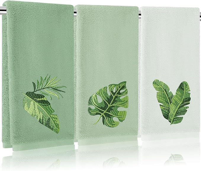 3Pcs Sage Green Gradient Hand Towels Tropical Palm Leaves Embroidered Cotton by FYSUIMU