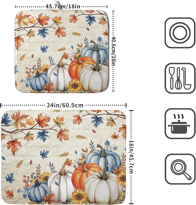 Fall Pumpkin Dish Drying Mat for Kitchen Counter 18x24 Inch Vintage Autumn - Image 2