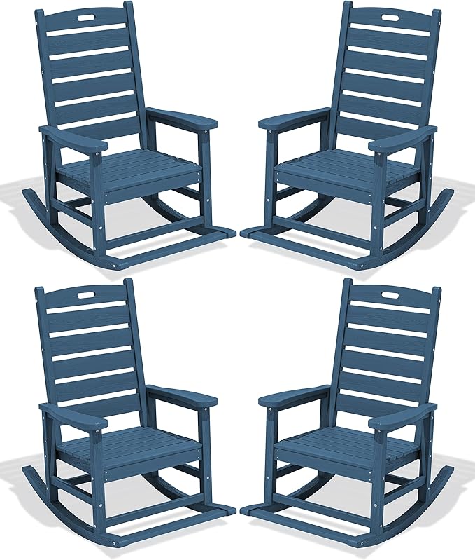 SERWALL Outdoor Rocking Chair Set of 4, Oversized HDPE Patio Rocking Chair with Footrest for Adults, All Weather Porch Rocker for Deck Patio Balcony, Navy by SERWALL