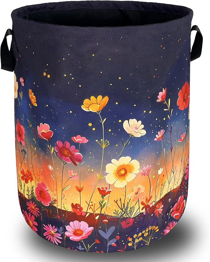Colorful Flowers At Night Laundry Basket Floral Foldable Funny Laundry Hamper by SELIONLIKN