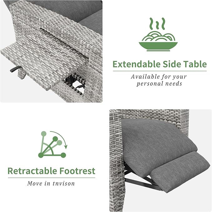 IDEALHOUSE Wicker Outdoor Recliner Reclining Patio Chairs with Adjustable Back & Footrest 150° Lay-Flat Reclining with Air Pump Rattan Flip-Up Side Table Outdoor Lounge Chairs for Pool Deck Balcony - Image 7