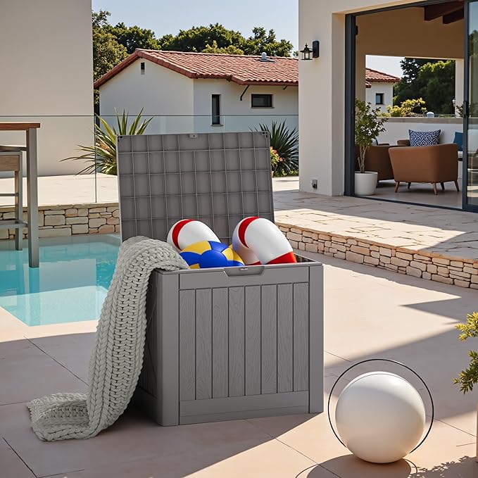 JUMMICO 42 Gallon Deck Box Waterproof, Resin Outdoor Storage Box with Side Handles, Outdoor Storage Benches Lockable for Patio Cushions and Garden Tools (Gray) - Image 7