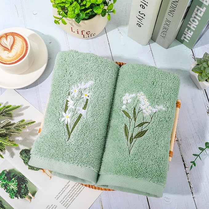 3Pcs Sage Green Hand Towels 29.5 x 13.7 Inch Gradient Green Floral Embroidered - Image 4