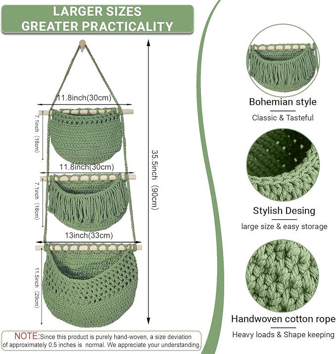 3 Tier Hanging Fruit Baskets for Kitchen, Boho Cotton Rope Handwoven Vegetable - Image 2