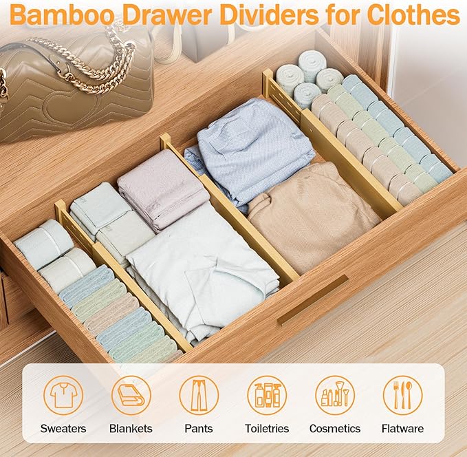 Bamboo Drawer Dividers 4" High, 16.5-22" Adjustable Drawer Organizers - Image 4