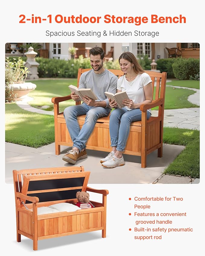 VEVOR Outdoor Storage Bench, 2-Person Wooden Storage Bench, 33 Gallons Deck Box with Side Handle, Supports up to 705 lbs, Weatherproof Outdoor Seating & Porch Decor, for Patio Garden Balcony Yard - Image 4
