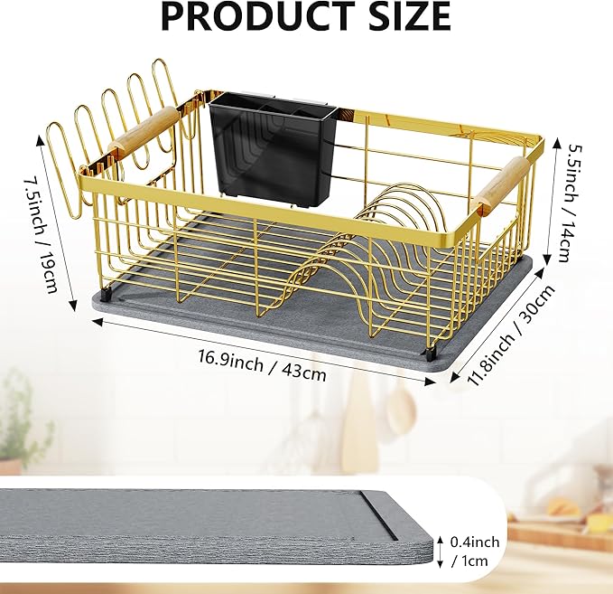 Dish Drying Rack Gold with Diatomaceous Earth 1 Tier, Large Capacity Space - Image 2