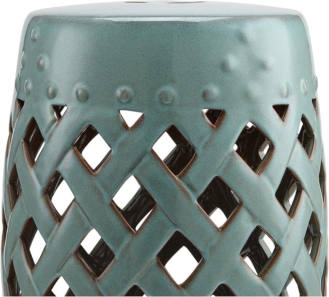 Outsunny 13" x 18" Ceramic Garden Stool with Woven Lattice Design & Glazed Strong Materials Decorative Outdoor Stool, Antique Blue - Image 9