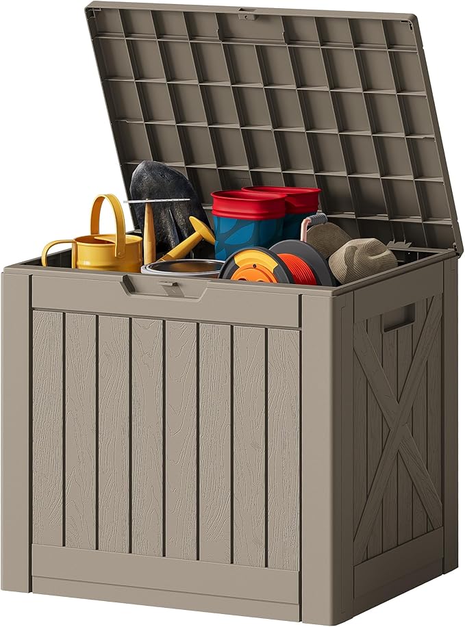 JUMMICO 42 Gallon Deck Box Waterproof, Resin Outdoor Storage Box with Side Handles, Outdoor Storage Benches Lockable for Patio Cushions and Garden Tools (Light Brown) by JUMMICO