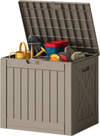 JUMMICO 42 Gallon Deck Box Waterproof, Resin Outdoor Storage Box with Side Handles, Outdoor Storage Benches Lockable for Patio Cushions and Garden Tools (Light Brown) by JUMMICO