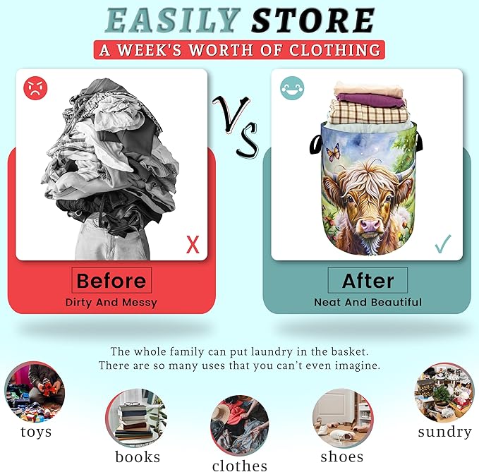 Highland Cow Laundry Basket Floral Foldable Funny Laundry Hamper Oxford Cloth - Image 3