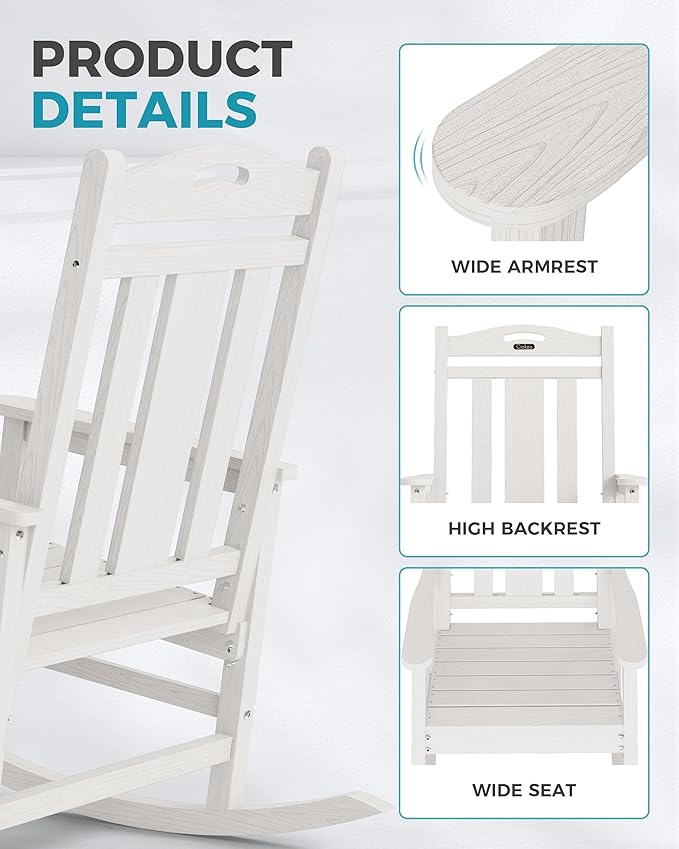 Ciokea Oversized Outdoor Rocking Chairs Set of 3, 380lbs Heavy-Duty Large Patio Rocker, High Back Cozy Porch Chairs, Weather Resistant Patio Rocking Chairs for Outside, Fire Pit, Deck, White - Image 6