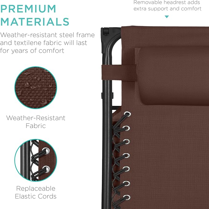 Best Choice Products 30” Wide Folding Zero Gravity Outdoor Recliner Patio Lounge Chair w/Adjustable Canopy Shade, Headrest, Side Accessory Tray - Brown - Image 7