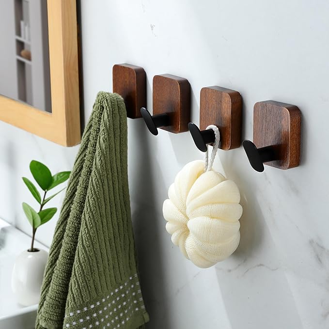 DELITON Wooden Wall Hooks, 4 Pack Acacia Adhesive Towel Hooks Sticky on - Image 4