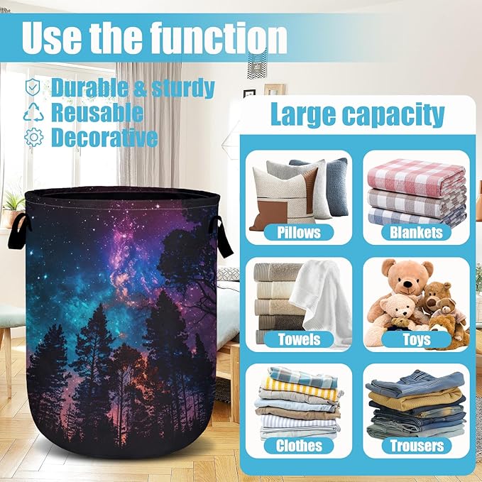 Purple Galaxy Forest Laundry Basket, Laundry Hamper Collapsible Oxford Cloth - Image 3