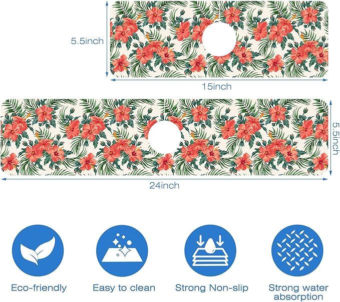 Tropical Leaves and Red Floral Kitchen Sink Splash Guard Mat Absorbent Fast - Image 3