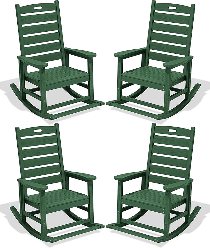SERWALL Outdoor Rocking Chair Set of 4, Oversized HDPE Patio Rocking Chair with Footrest for Adults, All Weather Porch Rocker for Deck Patio Balcony, Green by SERWALL