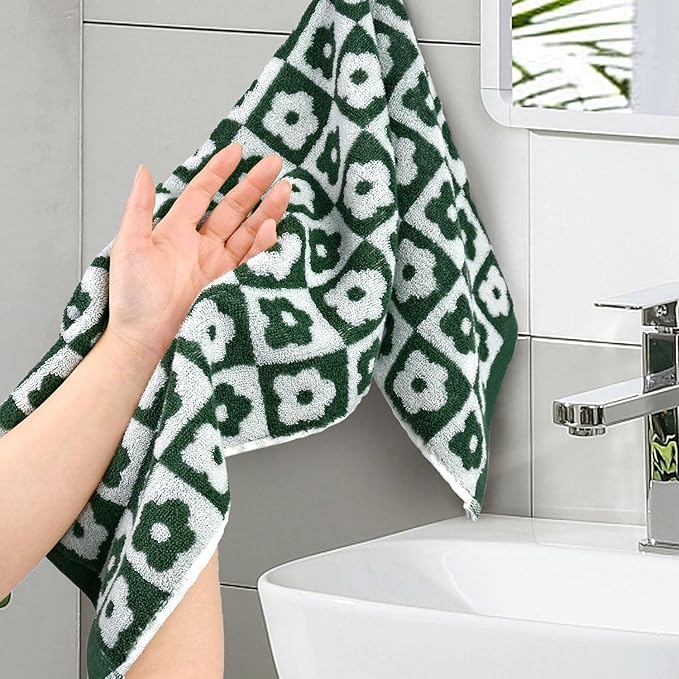 Jacquotha Cotton Hand Towels Green Checkered Floral - Image 7
