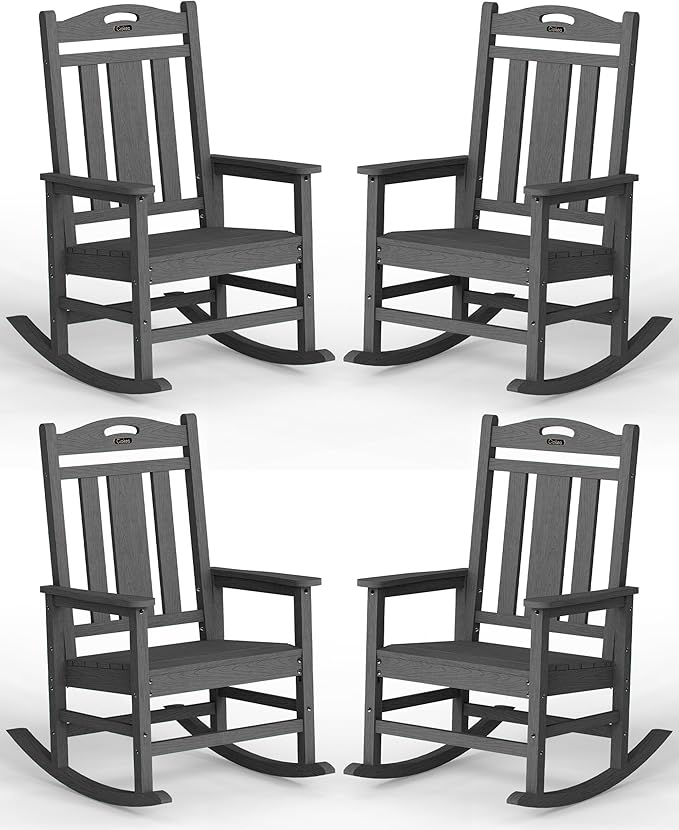 Ciokea Oversized Outdoor Rocking Chairs Set of 4, 380lbs Heavy-Duty Large Patio Rocker, High Back Cozy Porch Chairs, Weather Resistant Patio Rocking Chairs for Outside, Fire Pit, Deck, Dark Grey by CIOKEA