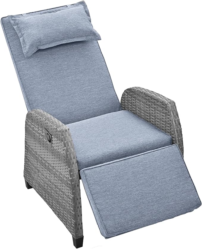 Outdoor Recliners Chair Set of 2 for Patio with Wicker Coffee Table, Comfort Cushion, Adjustable Angle Weatherproof Reclining Chairs for Courtyard, Swimming Pool, Balcony (Grey) - Image 8