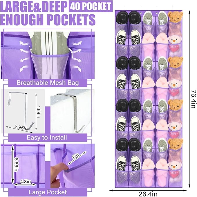 Windyun 40 Large over the Door Hanging Shoe Organizer Purple Mesh Pockets Shoe - Image 2