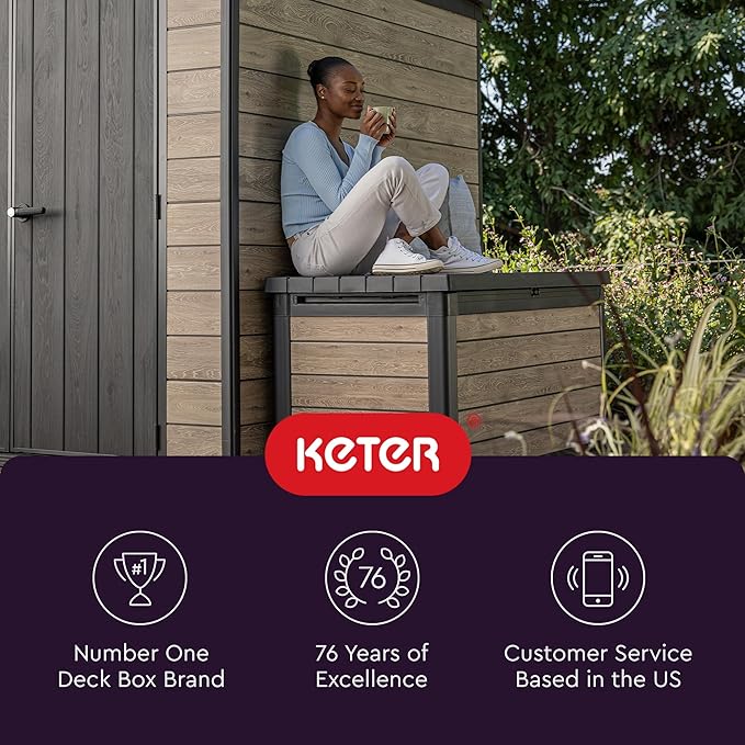 Keter Signature Collection 150 Gallon Resin Deck Box Organization and Storage Box for Patio Outdoor Cushions, Throw Pillows, Garden Tools and Pool Supplies, Ashwood - Image 11
