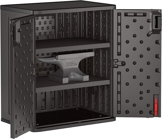Suncast Heavy-Duty Resin Outdoor Storage Cabinet, 30" W x 20.25" D x 36" H Dark Grey Base Garage Storage Cabinet with Lockable Doors and Metal Reinforced Shelves, Made in The USA - Image 4