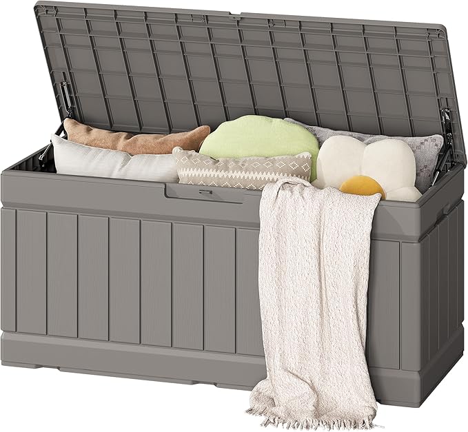 Flamaker Outdoor Storage Box 80 Gallon Resin Waterproof Deck Box Delivery Box with Wood Texture Large Storage Bin for Patio Cushions (Light Brown) by Flamaker
