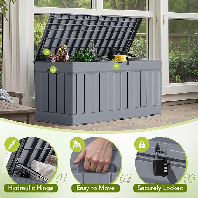 Devoko 78 Gallon Deck Box, Waterproof Resin Outdoor Storage Box for Outside and Patio, Outdoor Storage Bench Lockable for Patio Furniture, Garden Tools and Pool Supplies (Grey, 78 Gallon) - Image 2
