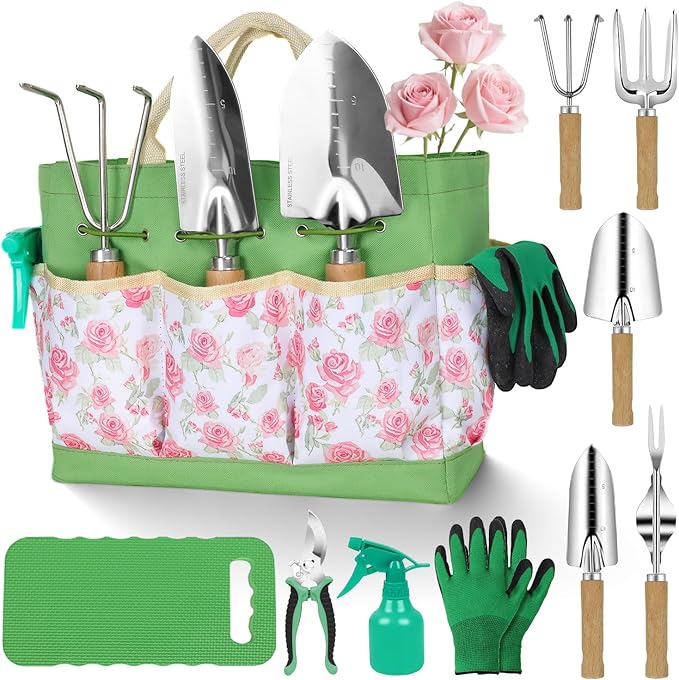 Garden Tool Set,10 Piece Garden Kit,Heavy Duty Stainless Steel Gardening Hand Tools with Durable Storage Tote,Rust-Proof Garden Tools,Gardening Gifts for Women Men Pink Floral Pattern Design - Image 9
