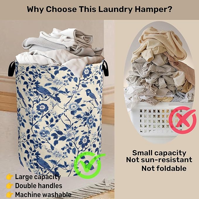 Navy Blue Beige Birds Laundry Basket - Image 3