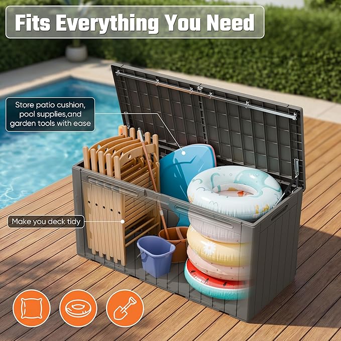 Greesum 110 Gallon Outdoor Storage Box with Lockable Lid, All-Weather Solution for Patio Furniture, Pool Supplies & Garden Tools, Waterproof, UV-Resistant Large Deck Box, Light Coffee - Image 3