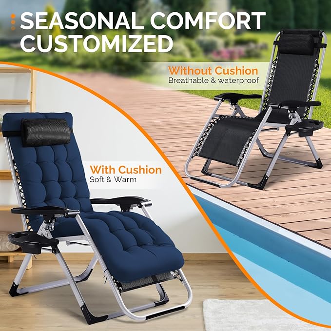 VINGLI Padded Zero Gravity Chair, Lounge Chair with Removable Cushion & Tray， Folding Reclining Patio Chairs， Recliner Chair for Lawn，Indoor and Outdoor-Blue - Image 6