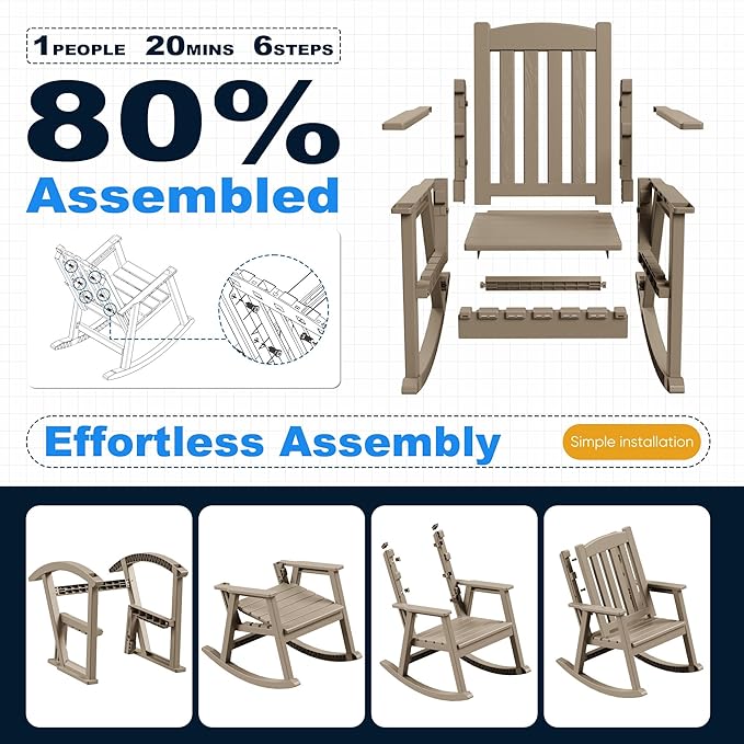 Devoko PP Material Rocking Chair Outdoor Indoor All Weather High Back Patio Rocker for Adult Heavy Duty Rocking Chair for Patio Backyard Porch Garden (Heavy Duty, Light Brown) - Image 5