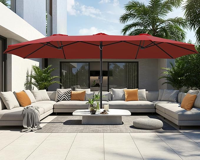 SUPERJARE 15FT Outdoor Umbrella for Patio, Double sided Pool Umbrellas with Fade Resistant Canopy, Large Table Umbrella for Deck, Market, Backyard - Burgundy - Image 2