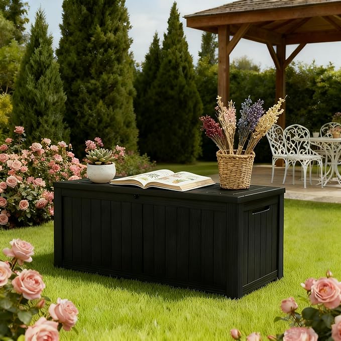 Outdoor Storage Box, Resin Deck Boxes Indoor and outdoor, Waterproof Storage Box Lockable Lid (Black,150 Gallon) - Image 6